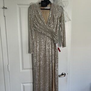 Mac Duggal Ieena Sequined Long Sleeve Faux Wrap Ruched Gown- NEVER WORN